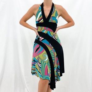 A Stunning Y2k Black Green + Pink Graphic Print Halter Dress